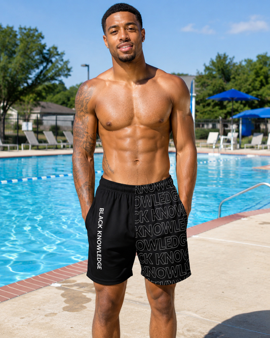 Black Knowledge Text Swim Trunks