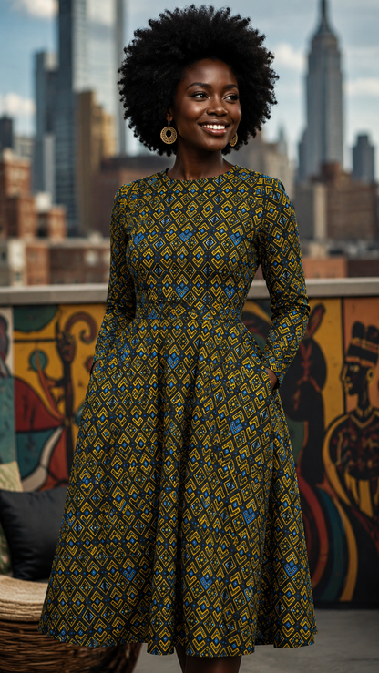 Retro  Elegance Pattern Dress With Pockets