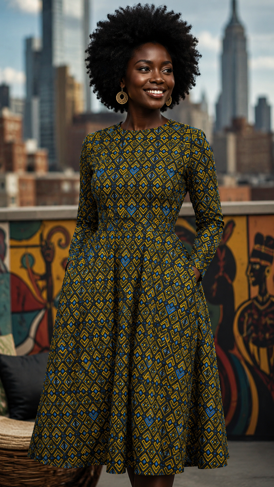 Retro  Elegance Pattern Dress With Pockets